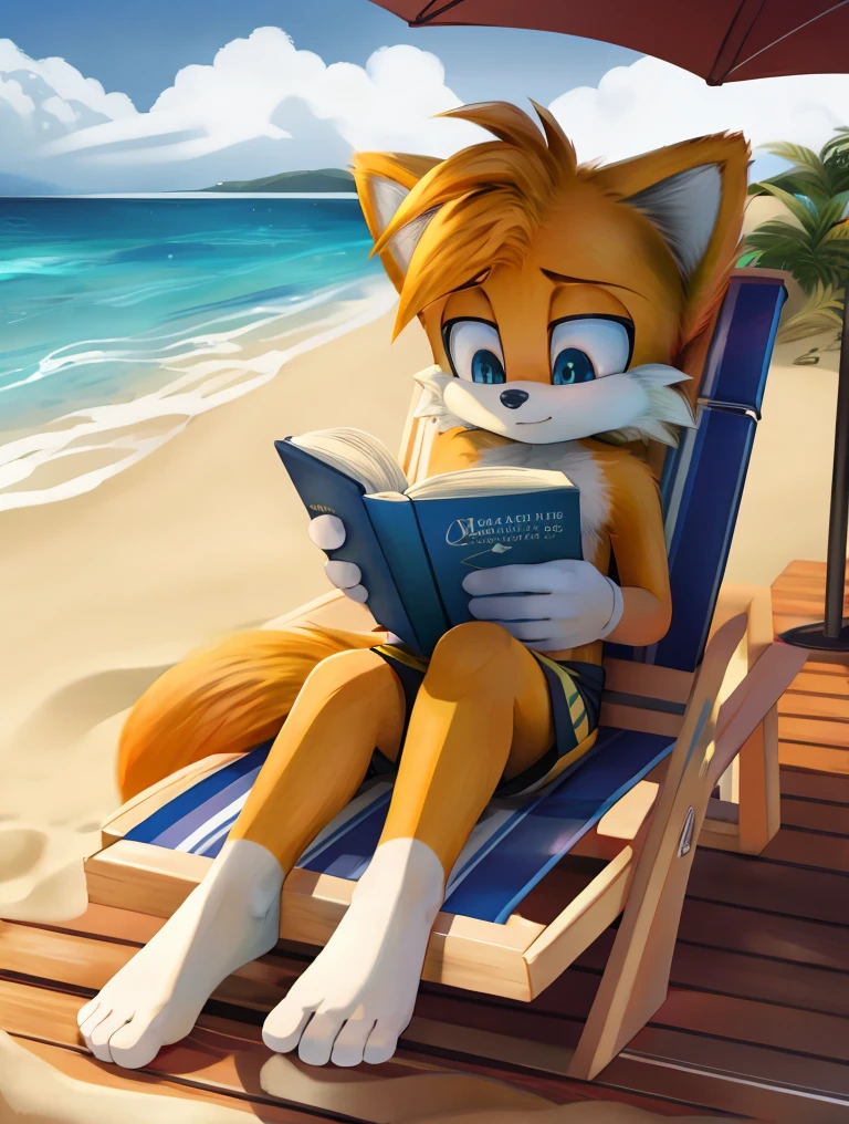best quality,high quality,
tails_prower,sunbathing,barefoot,swimming shorts,beach,sat in deck chair,reading a book,parasoul,
<lora:tails_1.5_v1:1>