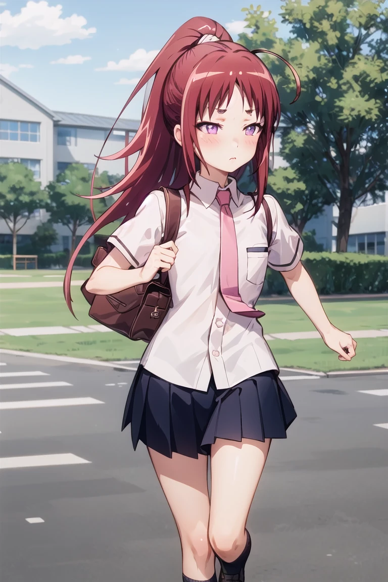 1girl, kamisora, blush, serious, ahoge, ponytail, 
school uniform, shirt, white shirt, skirt, pleated skirt, black skirt, necktie, pink necktie, 
school bag, running, 
outdoors, school yard, field
<lora:KamiNiNatta_Sora-v095:0.9> <lora:School_yard-v01:0.9>