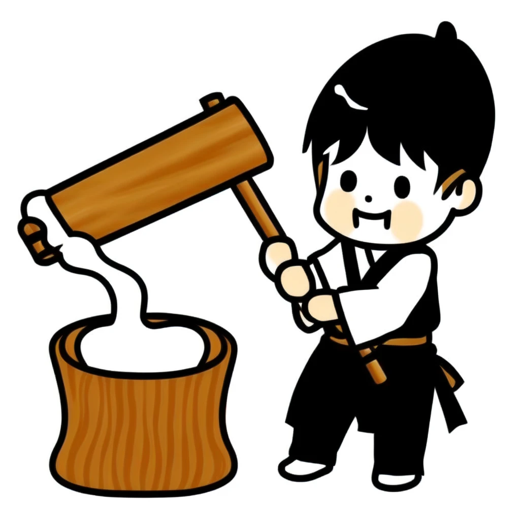 <lora:mochi_pounding_v1:0.7>,solo, looking at viewer, standing, full body, food, hammer, dango, mochi, mallet, holding hammer, kine, MTTK, wood, cooking, sleeves pushed up, mochi