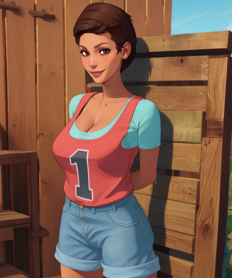 maya,brown hair,brown eyes,very short hair,
shirt with number 1,cleavage,blush,shorts,
standing,smile,arms behind back,
sea,wood wall,
(insanely detailed, beautiful detailed face,beautiful detailed eyes, masterpiece, best quality),<lora:Maya-10RFT:0.8>,