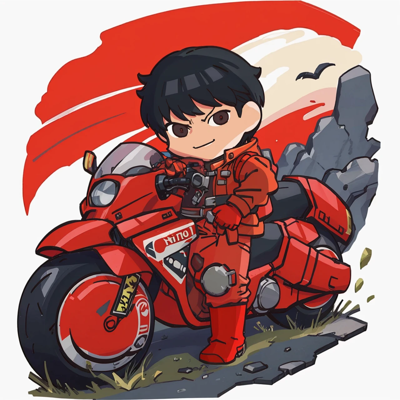 masterpiece, best quality, solo, 1boy, looking at viewer, smile, <lora:FEH-MTH_Fp:0.8>, simple background, chibi, <lora:akira_kaneda-11:0.8> kaneda shotaro, red jacket, red gloves, red pants, boots, motorcycle,