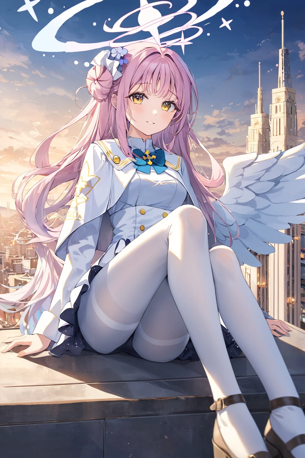 masterpiece, best quality, mika \(blue archive\), 1girl, blue archive, angel wings, white pantyhose, underbust, breasts, halo, pink hair, yellow eyes, sitting, modern city, sky scrapper, scenery, hair ornament, hair flower <lora:mika:0.8>