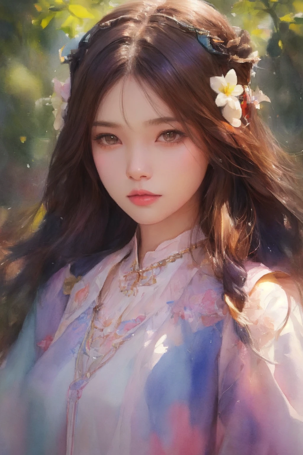 1 girl,  head and shoulders portrait,  long_hair,  portrait,  look at viewer,  (Sora WaterColor),  nature,<lora:EMS-247377-EMS:1.000000>