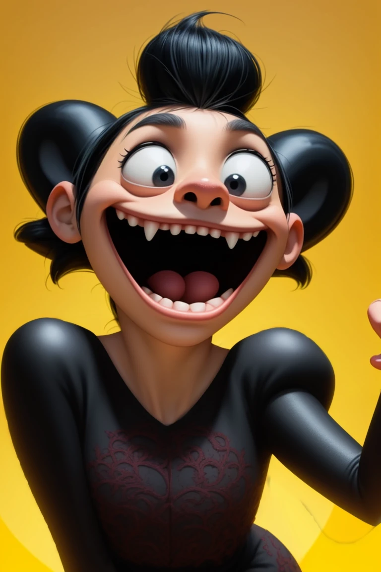 (pixar|disney:1.2) monster surprise, perfect teeth, hilarious funny , yellow background . dark red black velvet, vampire dress, intricate embroidery, golden accents, bat emblems, crazy cartoon, style, stylized exaggerated, simplified