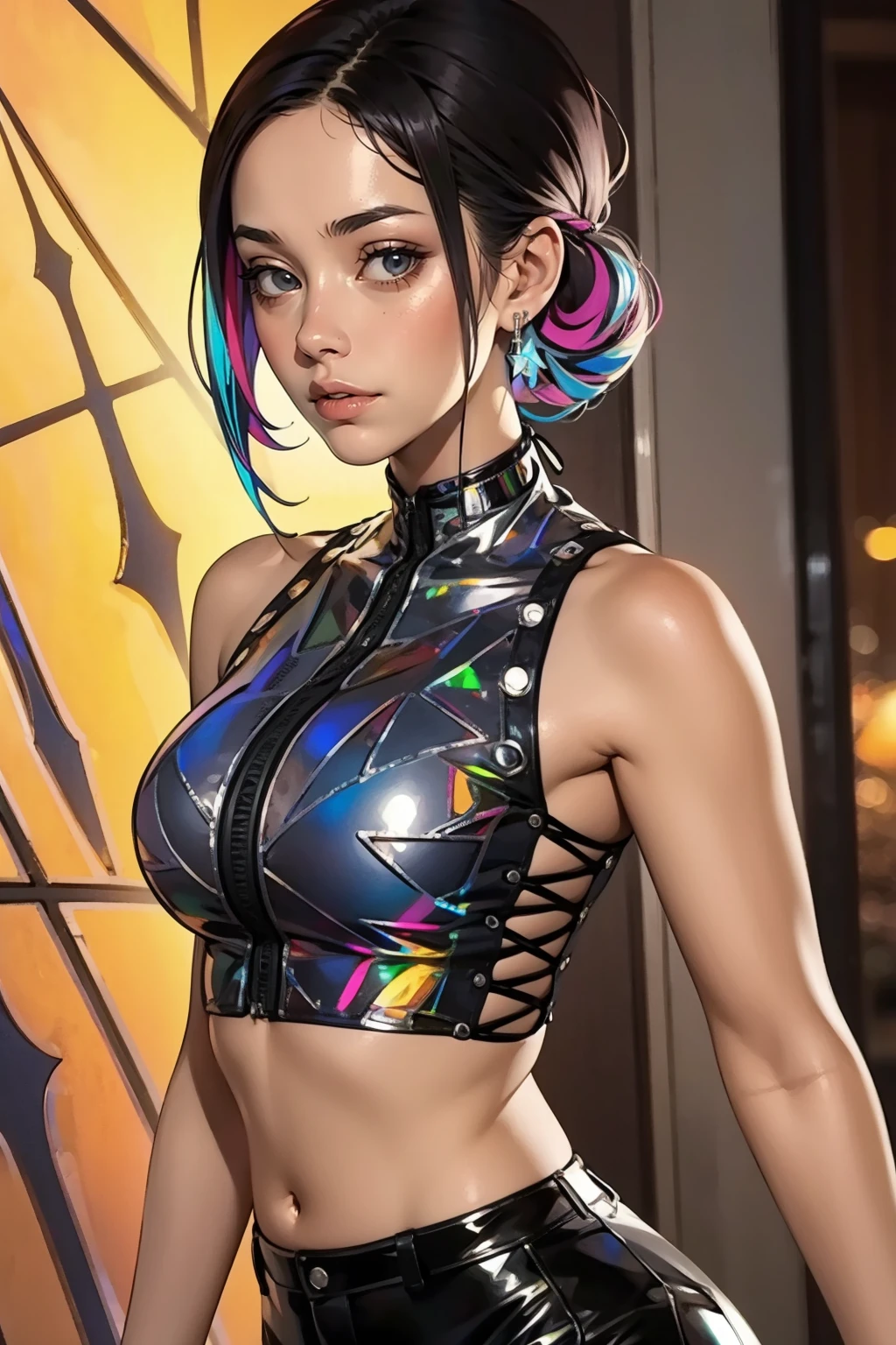 masterpiece, best quality, <lora:age_slider_v20:1.5>  <lora:detail_slider_v4:2> 1girl, sl33v3l3ss, bare shoulders, upper body, midriff, cross-laced clothes, crop top, shiny, sleeveless, multicolour top,<lora:sl33v3l3ss:0.6>