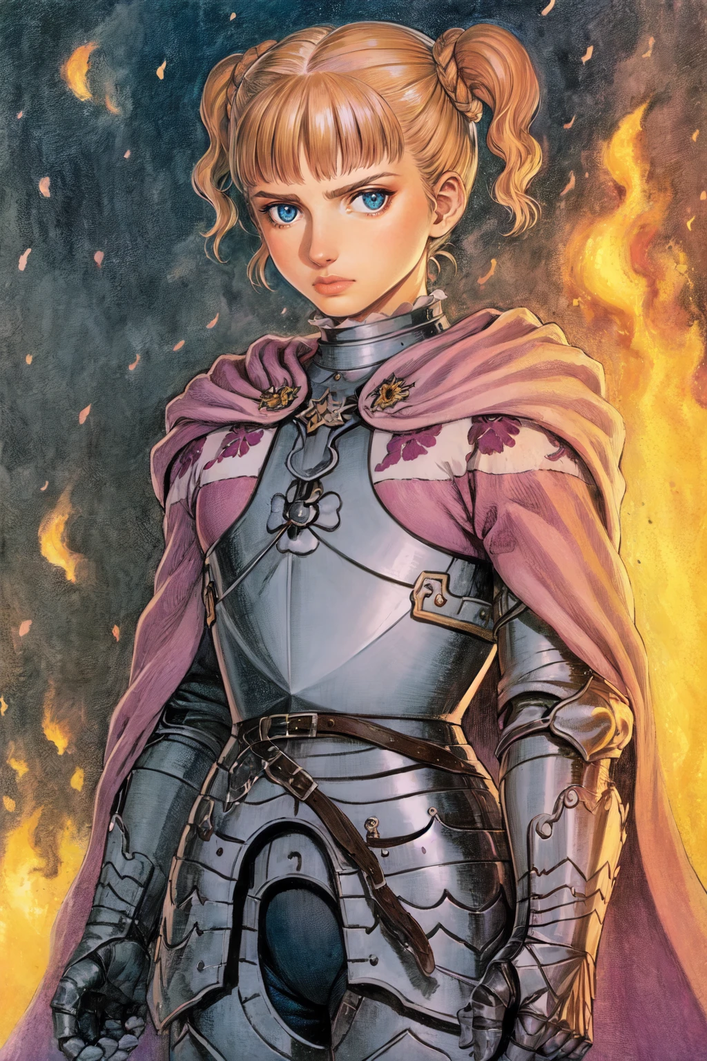 farnearm, solo, short twintails, (lips:0.7), armor, breastplate, gauntlets, cape, looking at viewer, mature female, (serious:0.5), traditional media, (fire:0.7), night sky, embers, town square, medieval, cowboy shot, <lora:farnearm_V8-09:0.8> <lora:Miurastyleberserk_Miura08:0.25>