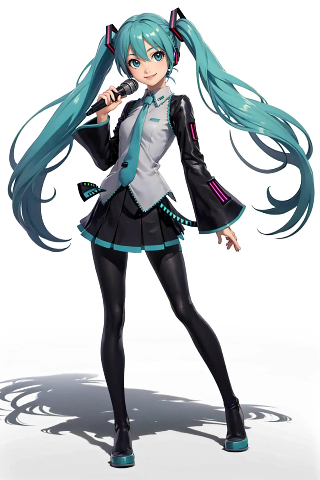 masterpiece, best quality, solo, 1girl, looking at viewer, smile, <lora:Smash-Ult-RendersV2_Fp:1>,simple background, full body, white background, hatsune miku, microphone,