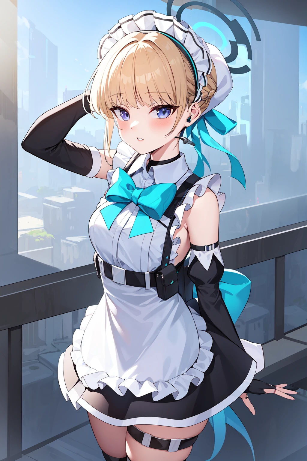 best quality, masterpiece, <lora:TokiBAv1:0.7>toki, halo, short hair, maid headdress, maid apron dress, detached sleeves, thigh strap, fingerless gloves, earpiece, chest harness, waist bow, looking at viewer, blush, parted lips, teeth, arched back, arm up, cowboy shot,