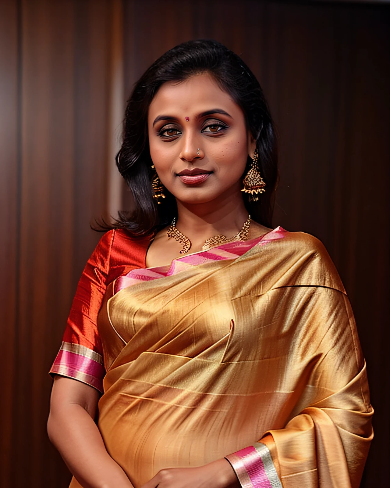 profile photo of a rmuk woman, wearing colorfulKanjeevaram Silk Saree covering chest and breasts, looking at camera, film grain, perfect eyes, beautiful bokeh <lora:rmuk_Rani_Mukerji_local_Adafactor_Local_fp16-000003:1>