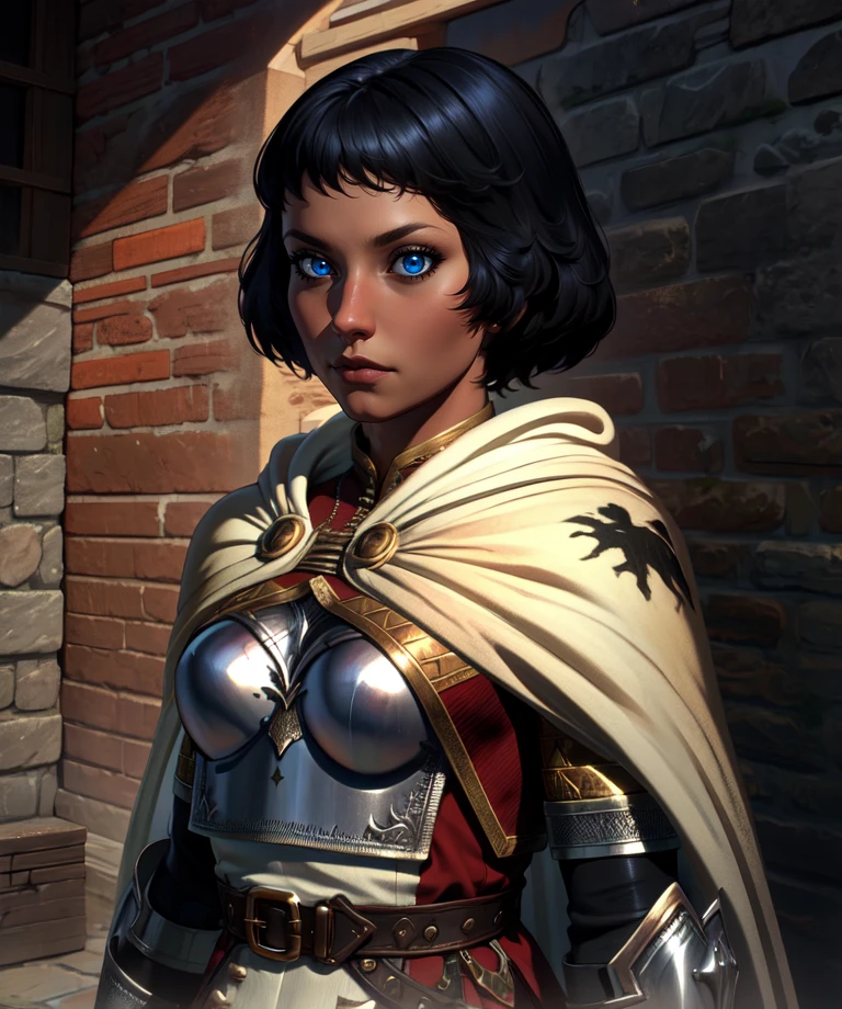 mercedes,blue eyes,black hair,smile,
white cape,armor,chestplate,dress,belt,
standing,upper body,
kingdom,mornings,wall,
(insanely detailed, beautiful detailed face,beautiful detailed eyes, masterpiece, best quality),<lora:mercedes-12DDv12:0.8>,