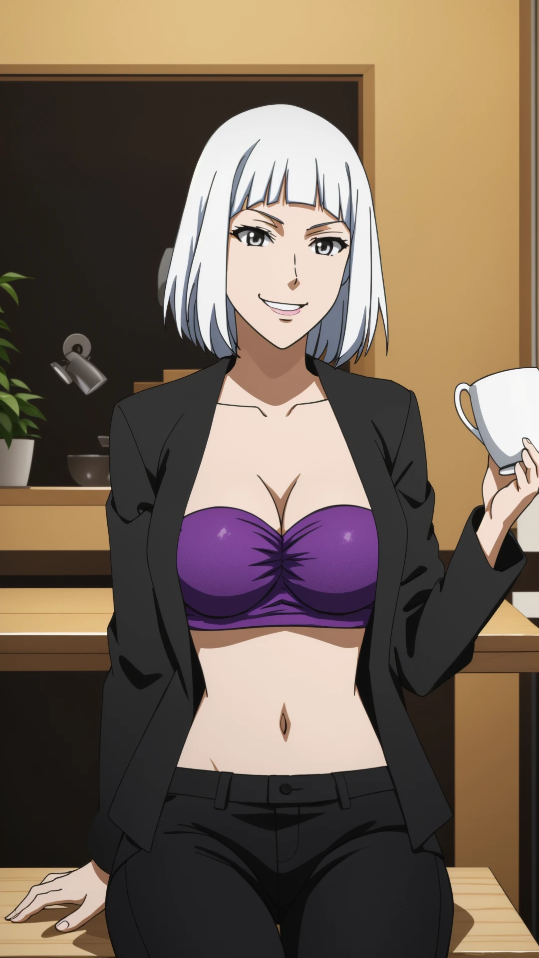 anime,  shafen, 1woman, white hair, ((silver eyes)), smiling, black jacket, purple bra top, midriff, black pants, sitting in a café, with a cup of coffee, 8k, 16k, trending on pixiv, fanbox, skeb, masterpiece, detailed face, digital painting, café background, <lora:shafen:0.7>