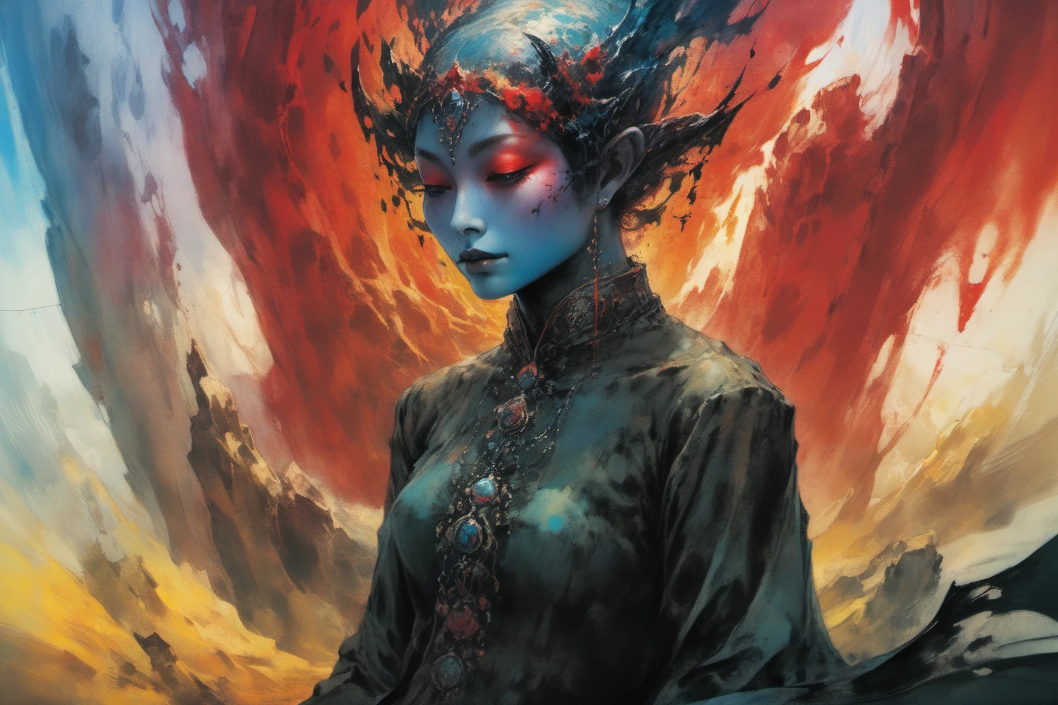 masterpiece, painted world, colorful splashes, <lora:Painted World-000006:1> with abstract and acrylic strokes, perfect face, perfectly shaded body, perfect eyes, completely covered and covered by the deep chinese mythology, by Ayami Kojima, Amano, Karol Bak, Greg Hildebrandt, and Mark Brooks, by Antonio Caparo, rich deep colors, Beksinski painting, part by Adrian Ghenie and Gerhard Richter, art by Takato Yamamoto, masterpiece