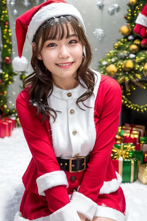 1girl,(wearing a santa dress:1.8),(mini skirt:1.6),(RAW photo, best quality), (realistic, photo-realistic:1.4), masterpiece, an extremely delicate and beautiful, extremely detailed, 2k wallpaper, Amazing, finely detail, extremely detailed CG unity 8k wallpaper, ultra-detailed, highres, soft light, beautiful detailed girl, extremely detailed eyes and face, beautiful detailed nose, beautiful detailed eyes,cinematic lighting,(snow scenery:1.6),(christmas decorations:1.6),(at night:1.6), ,perfect anatomy,slender body,(smile:1.8),(looking at viewer:1.8),(japanese idol:1.4) wavy hair, (hand between legs:1.8), (close up face:1.8), <lora:kohinatamika_lora-13:0.7>