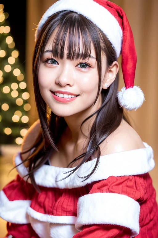 1girl,(wearing a santa off shoulder top:1.6),(RAW photo, best quality), (realistic, photo-realistic:1.4), masterpiece, an extremely delicate and beautiful, extremely detailed, 2k wallpaper, Amazing, finely detail, extremely detailed CG unity 8k wallpaper, ultra-detailed, highres, soft light, beautiful detailed girl, extremely detailed eyes and face, beautiful detailed nose, beautiful detailed eyes,cinematic lighting,(christmas tree:1.2),(at night:1.6), ,perfect anatomy,slender body,(smile:1.8),(looking at viewer:1.8),(japanese idol:1.4) wavy hair, (close up face:2.0), <lora:kohinatamika_lora-13:0.7>