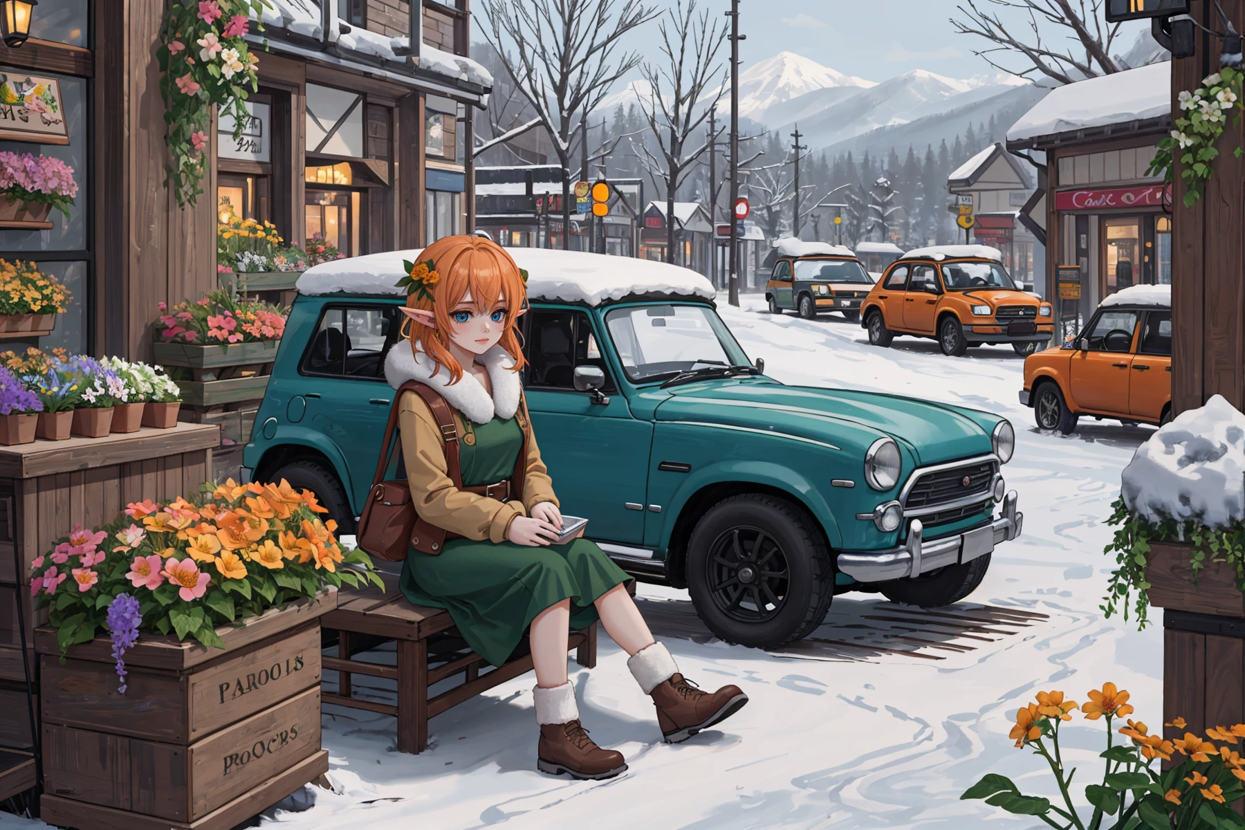 1girl, elf, tomboy,
fantastic scenery, flower shop, sitting on floor, feet, winter, cars
orange ringlets hair
