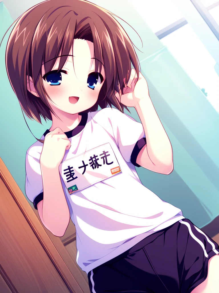 <lora:Shiki_Akimi:0.8>shikiakimi, blue eyes, brown hair, short hair, 1boy, soro, blush, smile, otoko no ko,
buruma, blush, gym uniform, smile, open mouth, name tag, child,
masterpiece, high quality, very_high_resolution, large_filesize, full color,