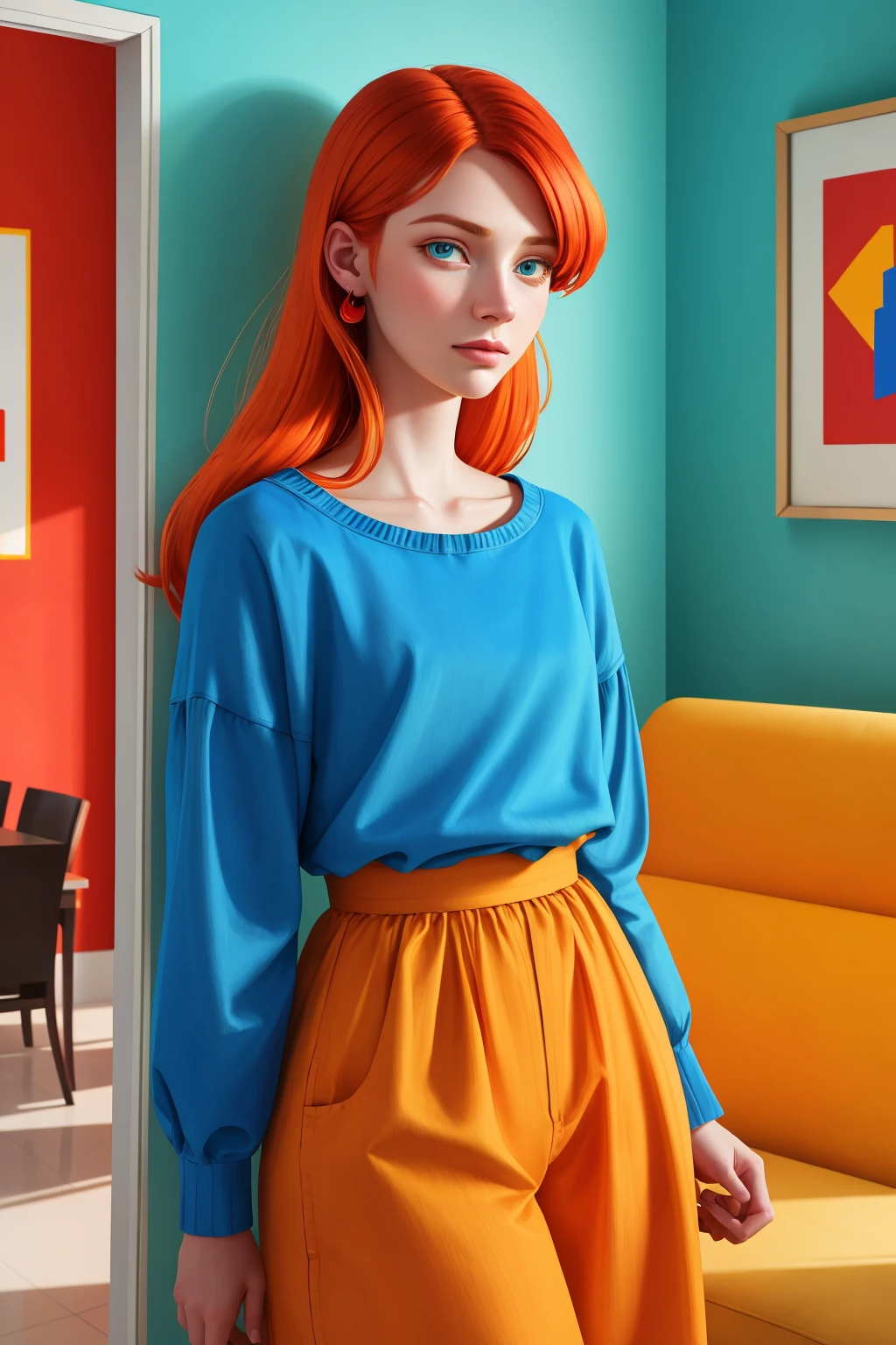 CS-BRYO beautiful woman in a modern home, against a wall with wallpaper and furniture
(best quality illustration) (intricate details) (cinematic lighting) (sharp focus)