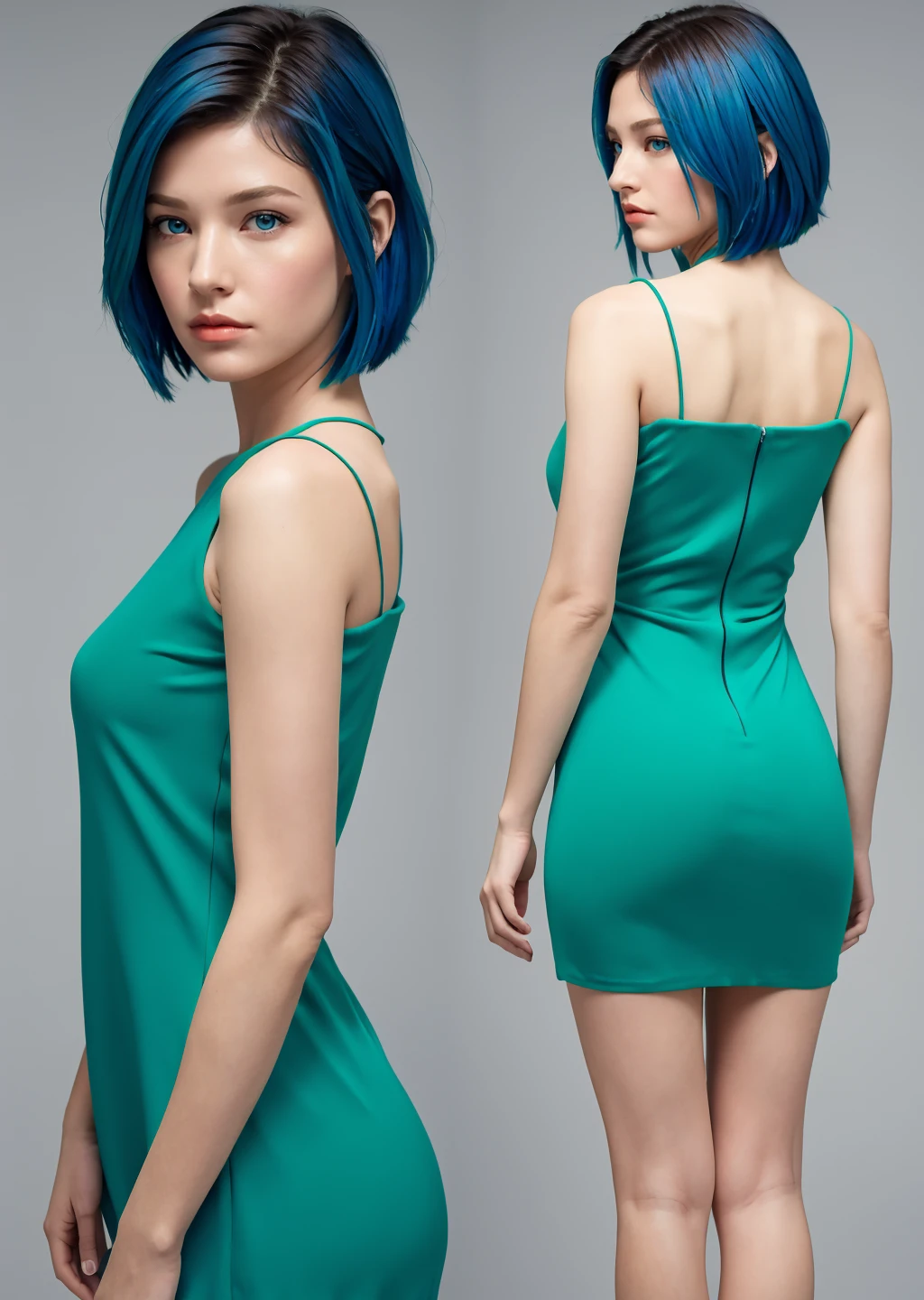 realistic, realism, photorealism, photo-realistic, high contrast, (photorealistic:1.4), 8k high definition detailed realistic, (best quality, masterpiece:1.2), best quality, highly detailed, chloeprice_byammpuv1, small breasts,  detailed face, detailed eye, short hair, blue hair, multicolored hair,   blue eyes,  looking at viewer, (standing), (side pose:1.2), (back), (from behind),  (dress:1.5), (green dress), (medium shot), (simple background:1.2)