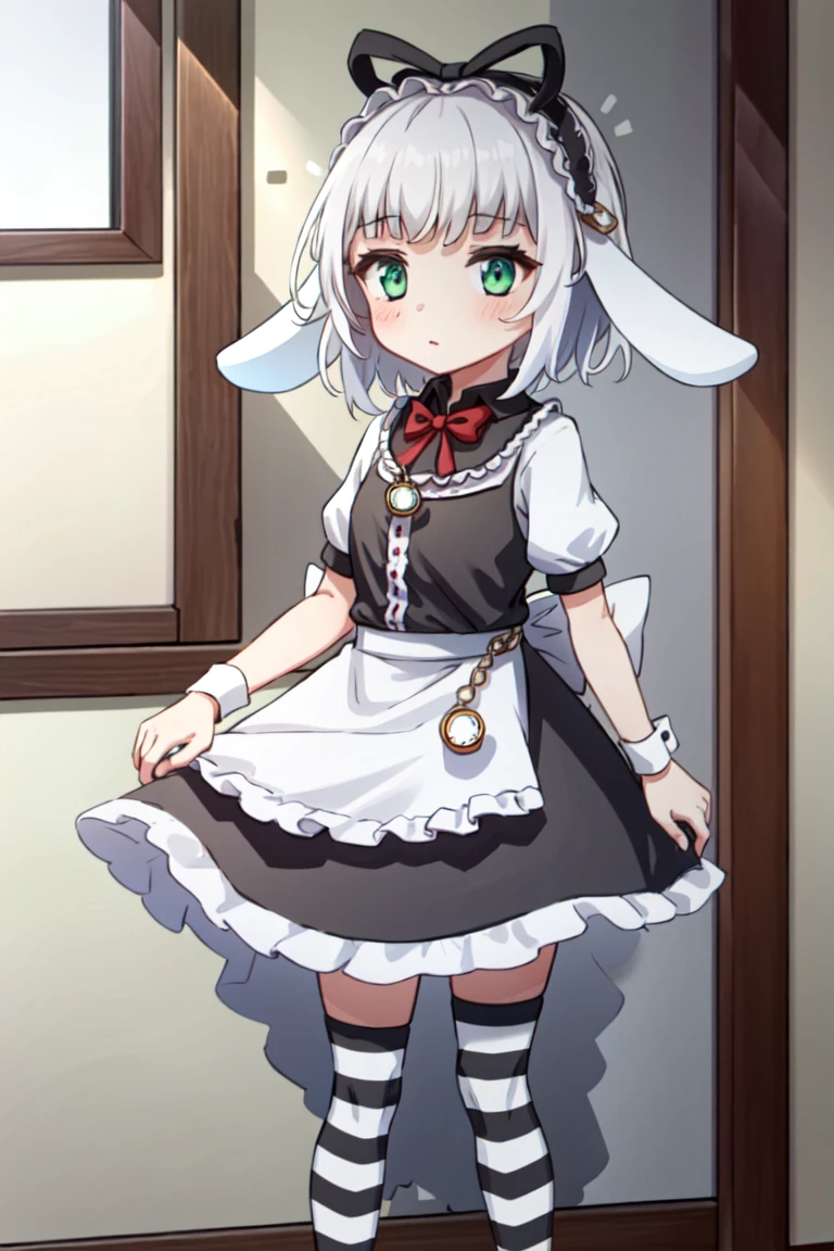 <lora:Irisu-000008:0.9>, irisu, 1girl,solo, grey hair, green eyes, short hair, rabbit ears, maid, maid apron, maid headdress, pocket watch, bow, striped legwear, red bowtie, indoors, (hands on lap), standing, masterpiece, best quality,