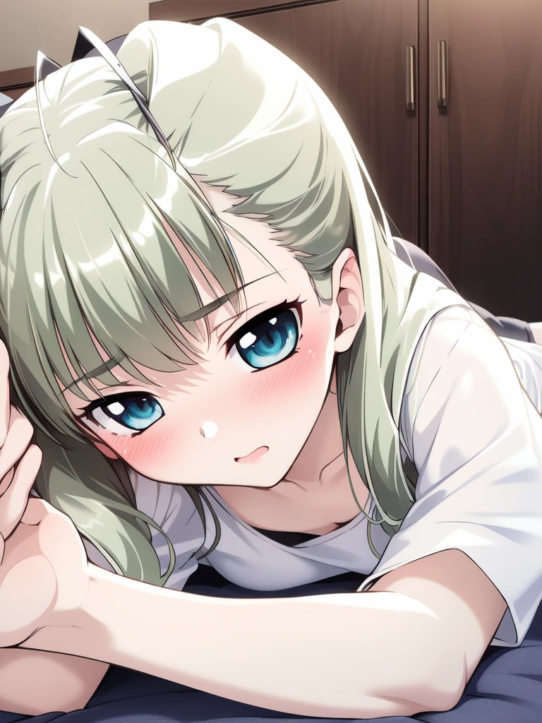 <lora:Aino_Pekonen:0.8>, AinoPekonen, 1girl, solo,lying, on stomach, foreshortening, facing viewer, downblouse, (white, loose t-shirt), leaning forward, selfie, hand on own face, (stern:1.2), blush,