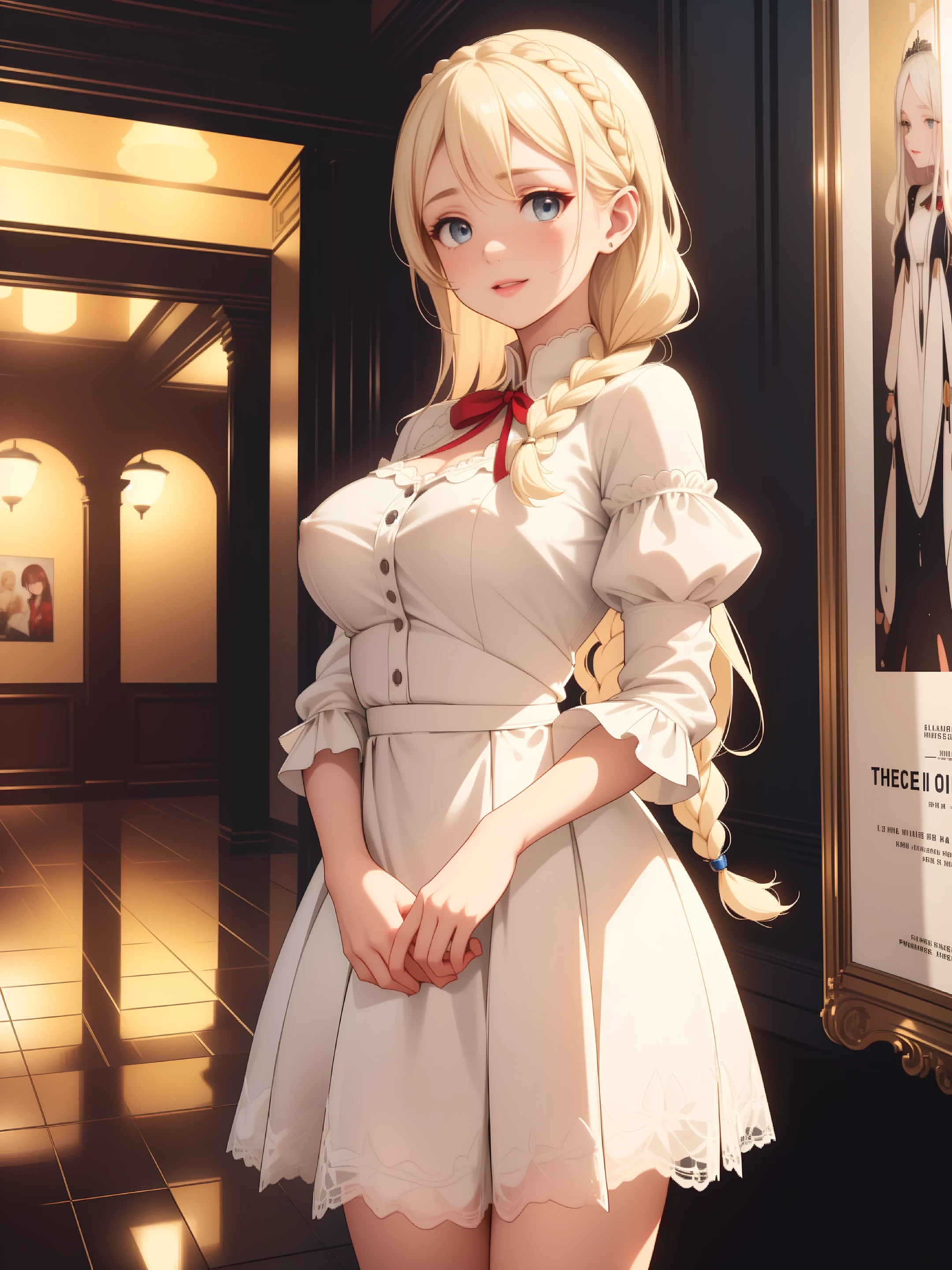 ((extremely detailed 8k illustration)), highres, (extremely detailed and beautiful background), ultra detailed painting, professional illustrasion, Ultra-precise depiction, Ultra-detailed depiction, (beautiful and aesthetic:1.2), HDR, (depth of field:1.4), colorful, vivid, beautiful detailed glow light particles, intricate:1.4, nice hands, perfect hands,
(mature female), ((goddes)), ((parfect bogy)), ((Elegant and noble)), large breasts, puffy nipples, large areolae, subesube, ((wide hips)), (((beautiful hair))), (((beautiful eyes))), ((platinum blonde hair)), ((braid hair, long hair)), (blonde pubic hair), ((exudes warmth and compassion)), smile politely, happy, looking at viewer,
A-line polka dot skirt paired with a tucked-in cream-colored blouse. Skirt has large white polka dots on a navy background with a scalloped hem. Blouse features delicate lace detailing and puffed sleeves. Completing the look with a red ribbon hair accessory and classic Mary Jane heels.,
depict the lobby of a classic movie theater, (beautifully capturing the ambiance created by (classic film posters:1.1) and warm lighting), (Spacious lobby:1.2), people waiting to enter,