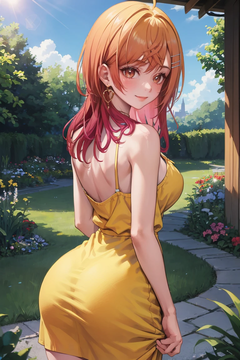 masterpiece, best quality, absurdres, IchijouRirika, from behind, (yellow sundress), garden, day, sunshine, smile, looking back, <lora:IchijouRirika:1>