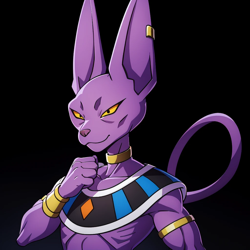 Best_QualityPos, RAW photo, intricate details, best quality, 8k uhd, soft lighting, 1boy, solo, black eyes, colored sclera, yellow sclera, animal ears, cat tail, colored skin, purple skin, collarbone, earrings, bracelet, jewelry, armlet, armband, choker, egyptian clothes <lora:Beerus:0.8>