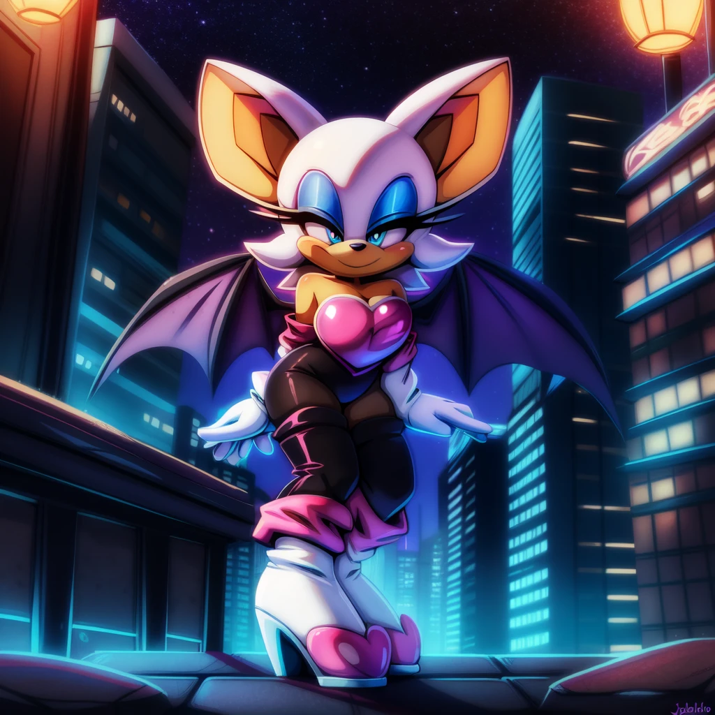 (uploaded on e621), (((by joelasko, by marthedog, by senshion))), detailed background, detailed, perfect hands, 5 fingers, ((ultradetailed, highest quality, 8k uhd, raw photo)), (full body shot, masterpiece, best_quality, ultra-detailed, immaculate:1.3), 1girl, solo, breasts, smile, short hair, thighhighs, gloves, animal ears, cleavage, bare shoulders, medium breasts, standing, tail, full body, white hair, heart, boots, wings, elbow gloves, white gloves, high heels, aqua eyes, bodysuit, makeup, thigh boots, half-closed eyes, happy, white footwear, bat wings, lipstick, furry, eyeshadow, furry female, black bodysuit, animal nose, hands on own knees, blue eyeshadow, bat ears, Rouge the bat, outside, night time, buildings, stars, lights, heart shaped chest plate,