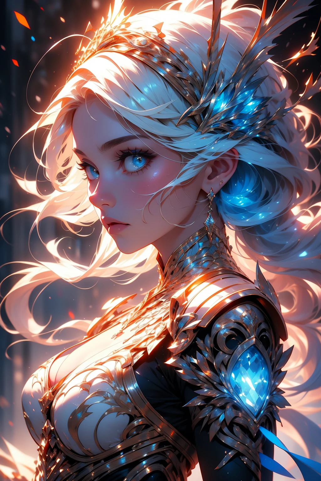 front_view,  masterpiece,  best quality,  photorealistic,  raw photo,  (1girl,  looking at viewer),  long hair,  mechanical white armor,  intricate armor,  delicate blue filigree,  intricate filigree,  red metalic parts,  detailed part,  dynamic pose,  detailed background,  dynamic lighting