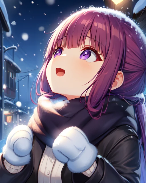 best quality, masterpiece, highres, detailed, digital artwork, <lora:Tools - add_detail:0.2>, SnowWonder, <lora:Scene - SnowWonder:0.8>, excited, snowing, night, looking up, upper body, BREAK FernF, purple eyes, purple hair, long hair, blunt bangs, shivering, mittens, scarf, black jacket, white dress, <lora:Character - FernF:0.8>