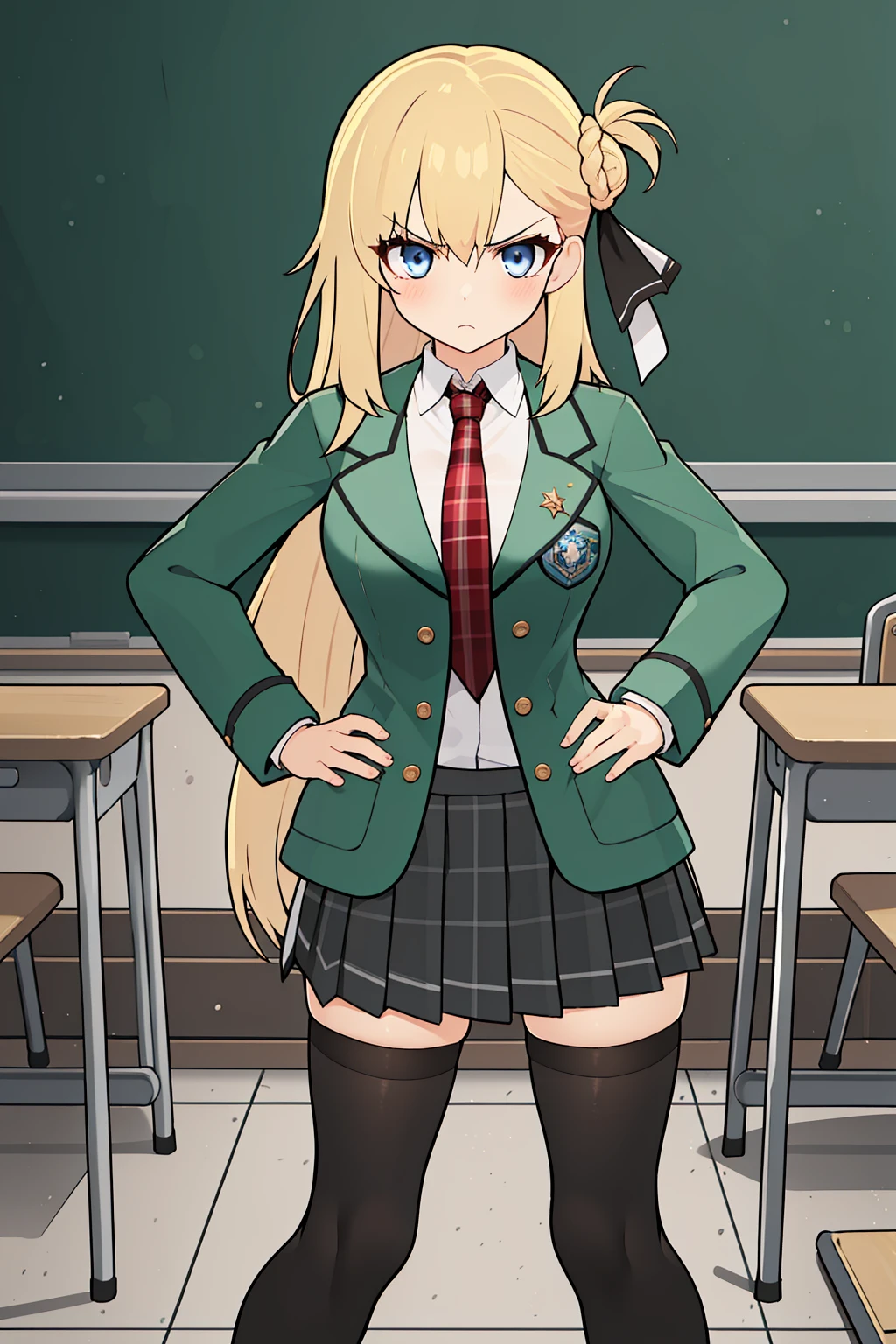 angry,;t,frown,hands on hip,
<lora:agneslV3-000008:0.7>,agnesxf,game style,blonde hair,low-tied long hair,hair ribbon,braided single hair bun,blue eyes,||white collared shirt,green jacket open blazer,long sleeves,large breasts,red plaid necktie,pleated plaid grey miniskirt,black thighhighs,brown loafers,outdoors,school,classroom,playground,, Exquisite visuals, high-definition,masterpiece,best quality,