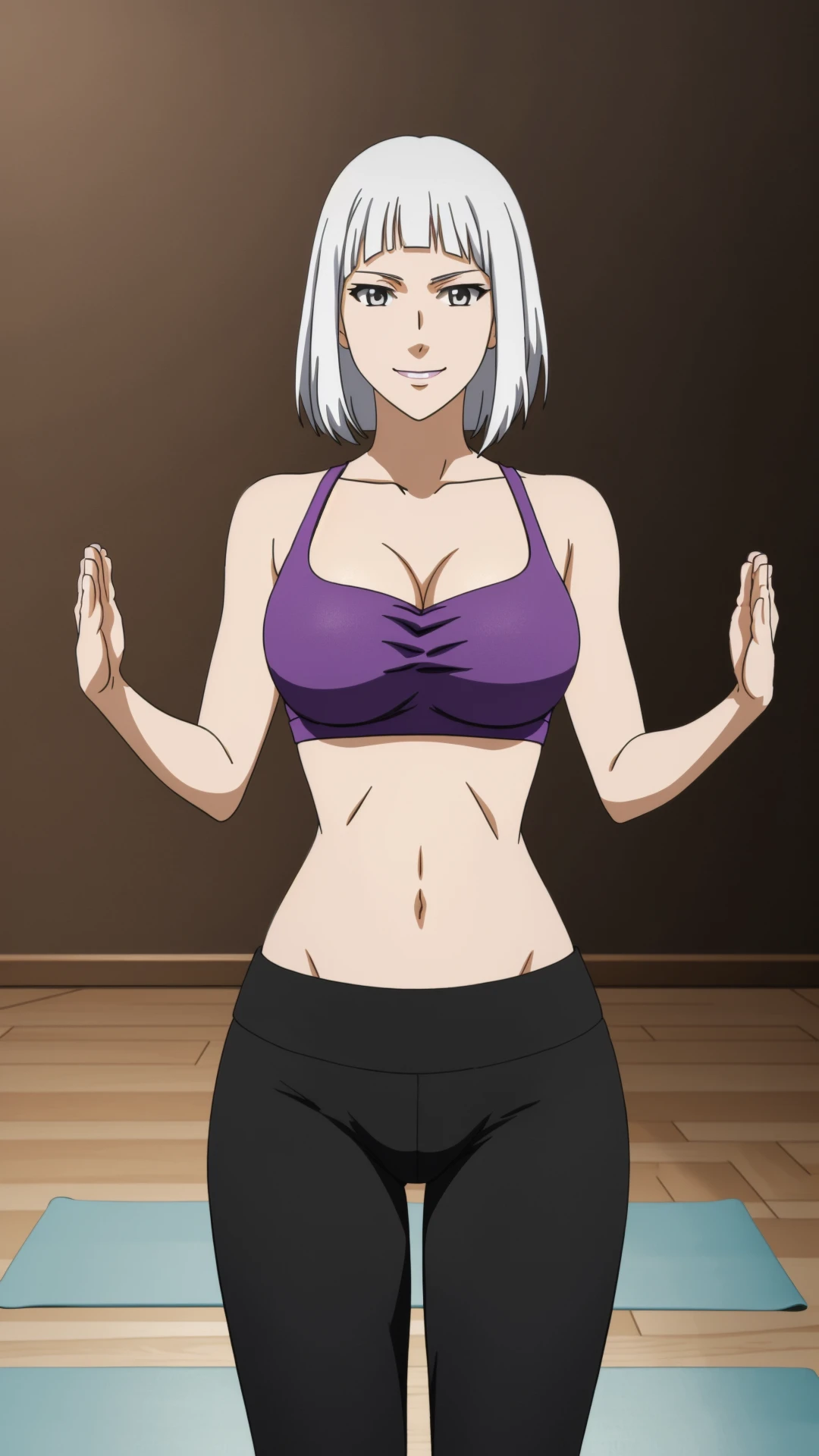 anime,  shafen, 1woman, white hair, ((gray silver eyes)), smiling, purple bra top, midriff, black yoga pants, (((doing yoga))), 8k, 16k, trending on pixiv, fanbox, skeb, masterpiece, detailed face, digital painting, gym background, <lora:shafen:0.7>