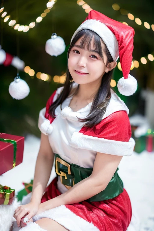 1girl,(wearing santa girl costume:2.0),,(RAW photo, best quality), (realistic, photo-realistic:1.4), masterpiece, an extremely delicate and beautiful, extremely detailed, 2k wallpaper, Amazing, finely detail, extremely detailed CG unity 8k wallpaper, ultra-detailed, highres, soft light, beautiful detailed girl, extremely detailed eyes and face, beautiful detailed nose, beautiful detailed eyes,cinematic lighting, (christmas decorations:1.4),(at night:1.4), (snow scenery:1.4),perfect anatomy,slender body,smiling,(eyes wide),(looking at viewer:1.6),(japanese idol:1.4) wavy hair, (sitting:1.8), (close up:2.6),<lora:youmiyahina_lora-11:0.7>