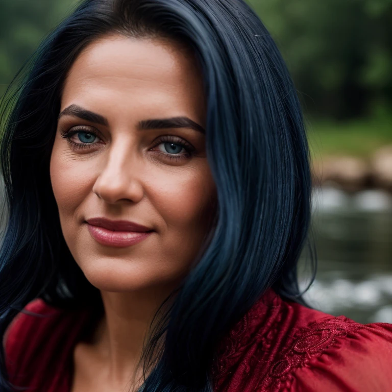 cinematic film still center of view camera , still photorealistic, ultra-realistic, glowing color hair, 60 arabic style year old woman,blue detailed eyes, long blue theme, eyeshadow, skin pores, shiny skin, selfie, red dress, photo shoot, rain background, alluring, attractive, amazing photograph, masterpiece, best quality, cinemascope, smiling,in the river . shallow depth of field, vignette, highly detailed, high budget, bokeh, cinemascope, moody, epic, gorgeous, film grain, grainy