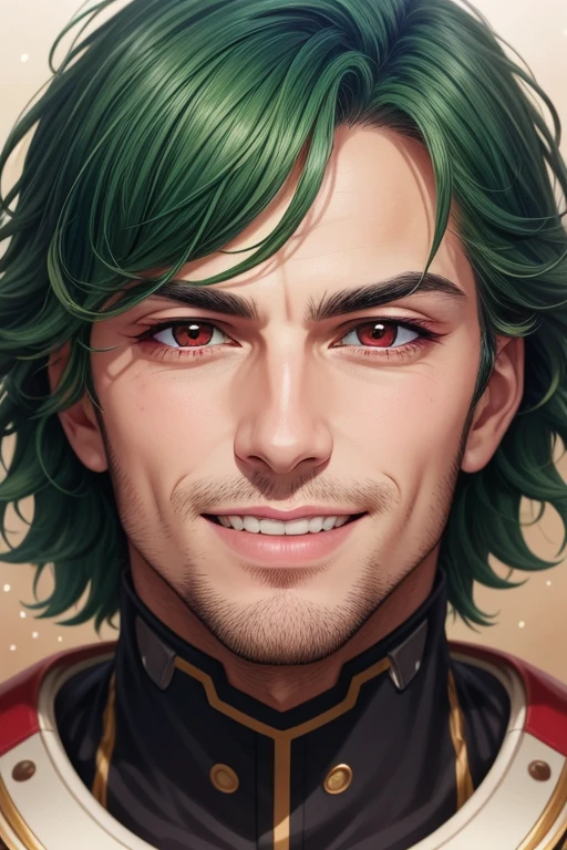 beautiful detailed portrait, a handsome mature man, short messy green hair, high-tech, beautiful expressive red eyes, delicate round face, sharp chin, delicate nose, lush lips, confident grin, beautiful top, sci-fi, best quality, extemely detailed