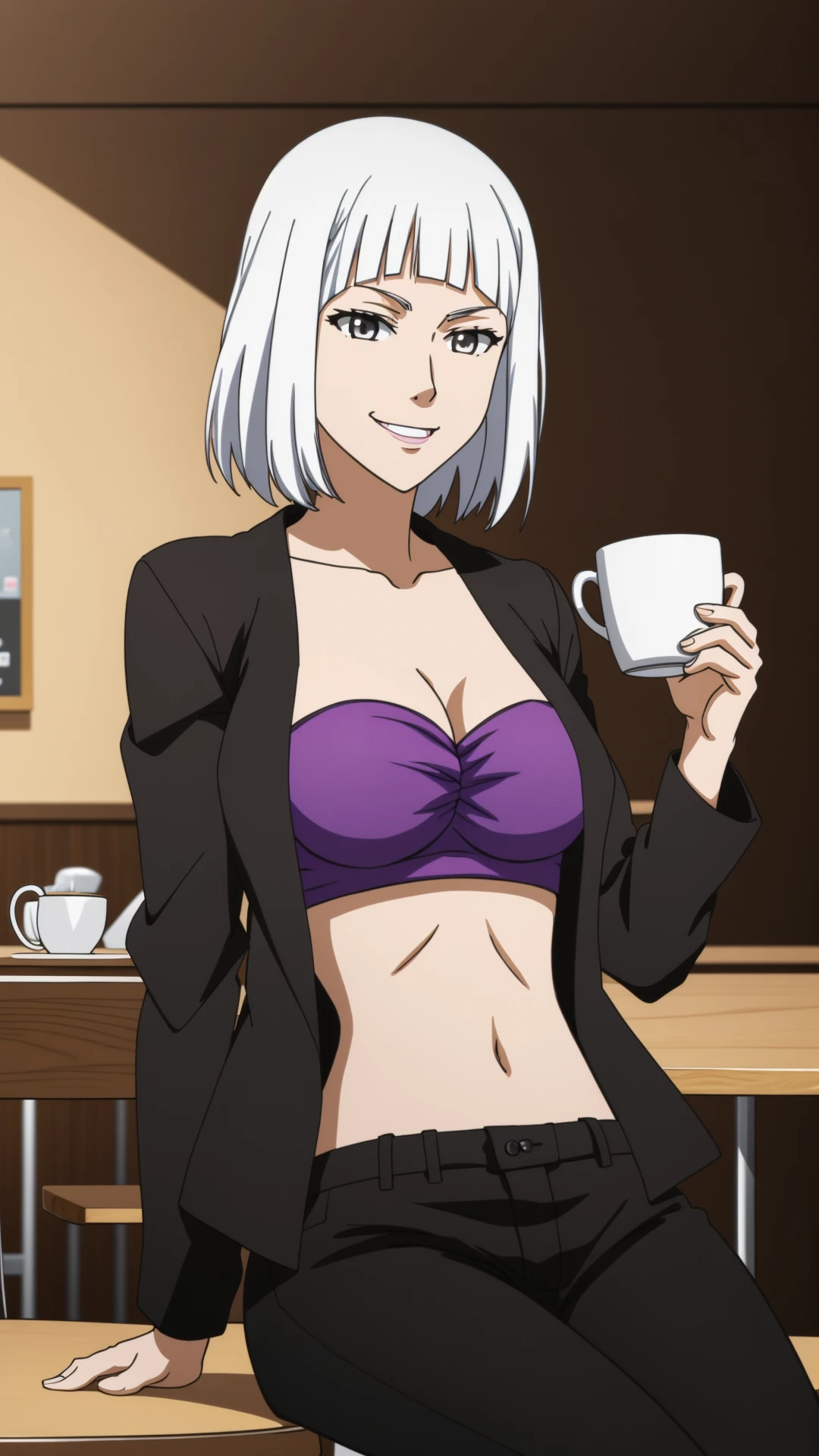 anime,  shafen, 1woman, white hair, ((silver eyes)), smiling, black jacket, purple bra top, midriff, black pants, sitting in a café, with a cup of coffee, 8k, 16k, trending on pixiv, fanbox, skeb, masterpiece, detailed face, digital painting, café background, <lora:shafen:0.7>