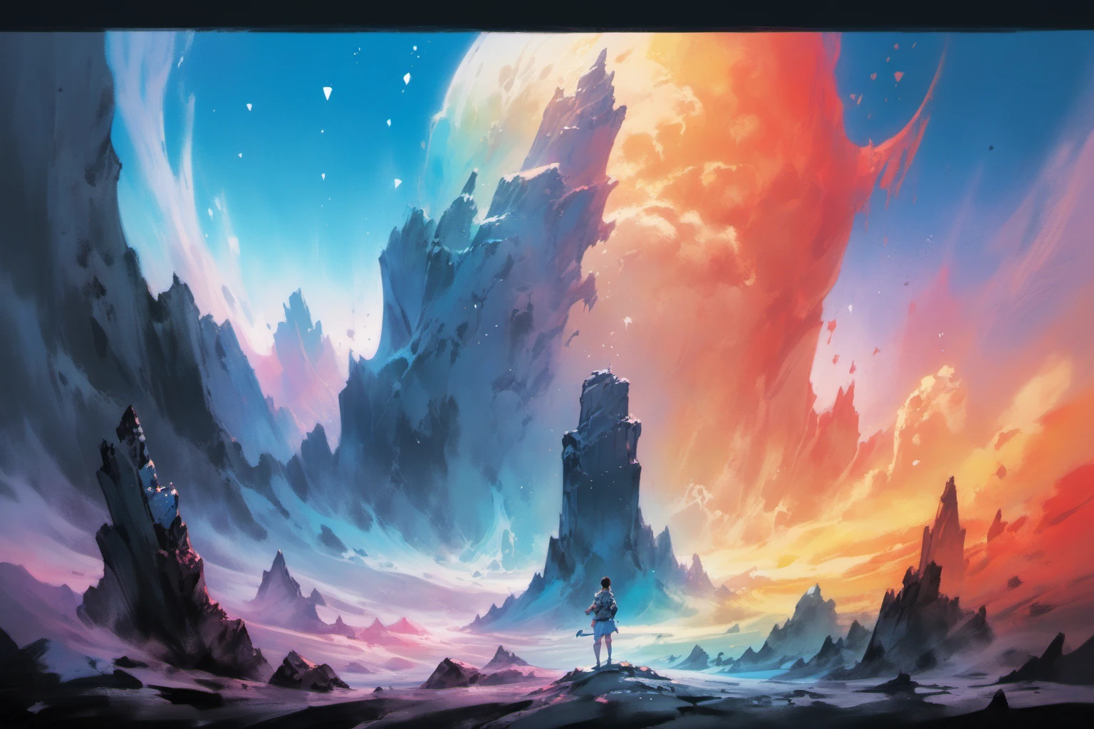 masterpiece, painted world, colorful splashes, <lora:Painted World-000006:1> portrait from behind, inspired by ross tran & albedo inspired by frank frazetta & moebius 3, ayami kojima, charlie bowater, yamamoto, wlop, rossdraws, tom bagshaw, mucha, and yoshitaka amano