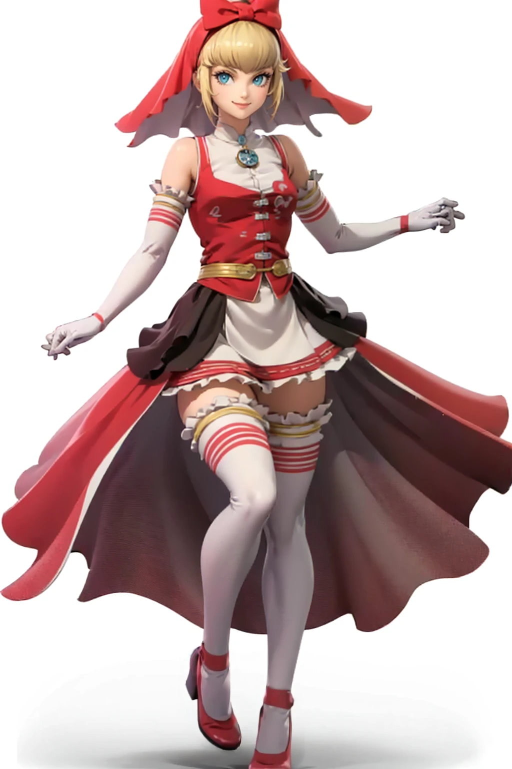 masterpiece, best quality, solo, 1girl, looking at viewer, smile, <lora:Smash-Ult-RendersV2_Fp:1>,simple background, full body, white background, <lora:Idun:1>, red dress, veil, bow, thighhighs, white gloves