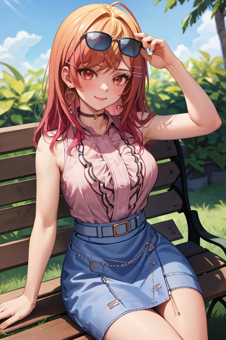 masterpiece, best quality, absurdres, RirikaBase, hairclip, sunglassses on head, choker, sleeveless shirt, belt, skirt, sitting, outdoors, bench, summer, smile, <lora:IchijouRirika:1>