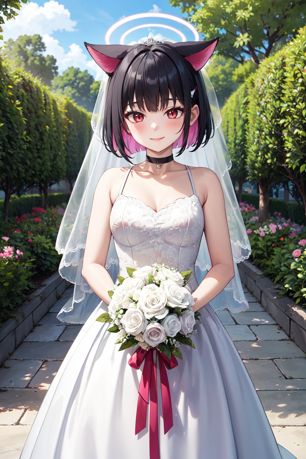 masterpiece,best quality,highres,ultra-detailed,aakazusa,halo,cat ears,short hair,multicolored hair,two-tone hair,colored inner hair,bangs,hairclip,black choker,<lora:kazusa_(blue_archive):0.8>,(wedding dress:1.2),white dress,(veil:1.2),garden,smile,outdoors,standing,cowboy shot,holding bouquet,