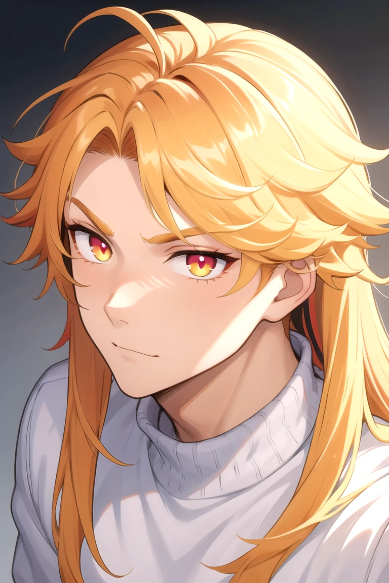 Masterpiece, best quality, highres, male focus, looking at the viewer, amused expression, wearing a comfy fluffy sweater, multicolored hair, blonde hair, long hair, orange streaks, magenta streaks, 1boy, ringed eyes, yellow eyes, red pupils, side view 
head tilted up, adams apple,  <lora:csorin:0.6>