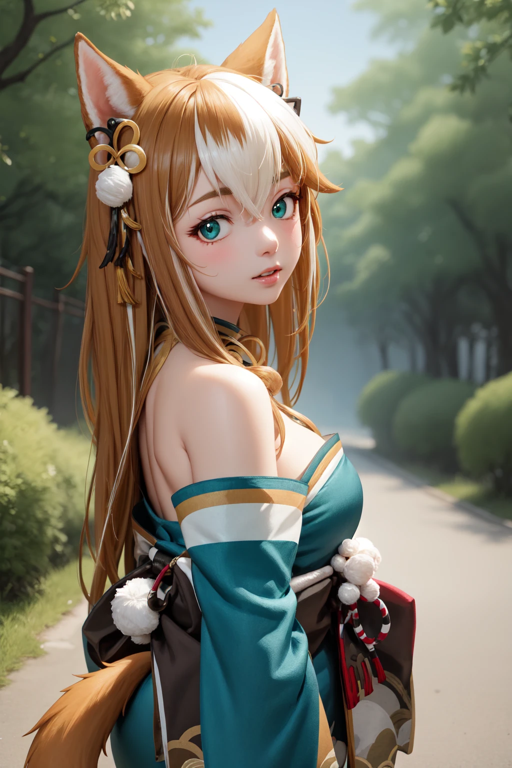 masterpiece, best quality, high quality, upper body, outdoors, looking at viewer, 1girl, <lora:hina-fi-09:1.0>, hina-fi, two-tone hair, japanese clothes, green kimono, tail, bare shoulders,