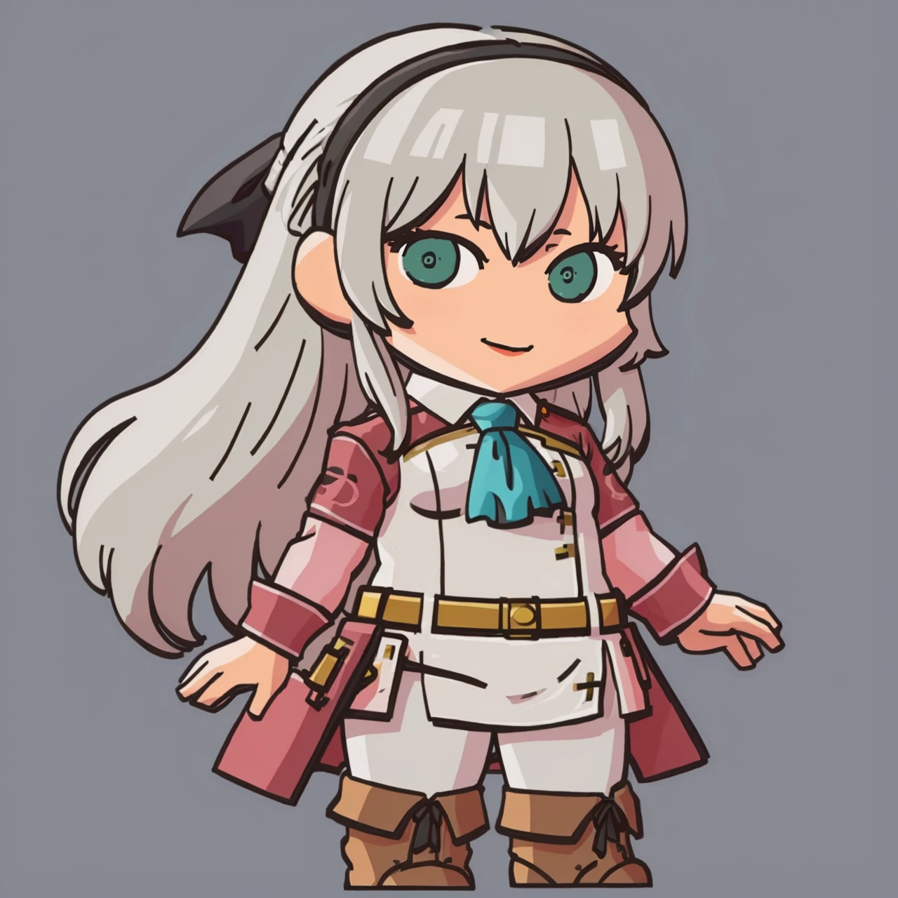 masterpiece, best quality, solo, 1girl, looking at viewer, smile, <lora:FEH-MTH_Fp:0.8>, simple background, chibi, <lora:elie-nvwls-v2-zero:0.9> elie macdowell, green eyes, hairband, blue ascot, hair ribbon, long sleeves, belt, pantyhose, white boots