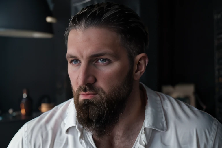 <lora:chuckcv1:0.9> chuckc, short hair, beard, undercut, professional studio quality modeling headshot, 4K, simple background, dramatic lighting, shirt, ultra realistic photograph, professional art, by Gucci photographer.