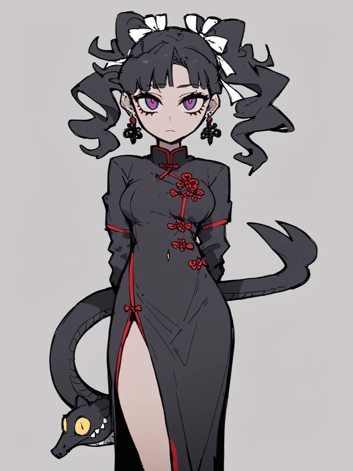 <lora:XL_Helltaker-000009:1>,Helltaker style,girl,chinese clothes,dress,jewelry,solo,earrings,long hair,china dress,snake,looking at viewer,ribbon,white ribbon,long sleeves,side slit,hair ribbon,covered navel,black dress,bangs,black hair,closed mouth,standing,cowboy shot,brown eyes,hair bow,artist name,grey background,twintails,breasts,purple eyes,white bow,, masterpiece,best quality