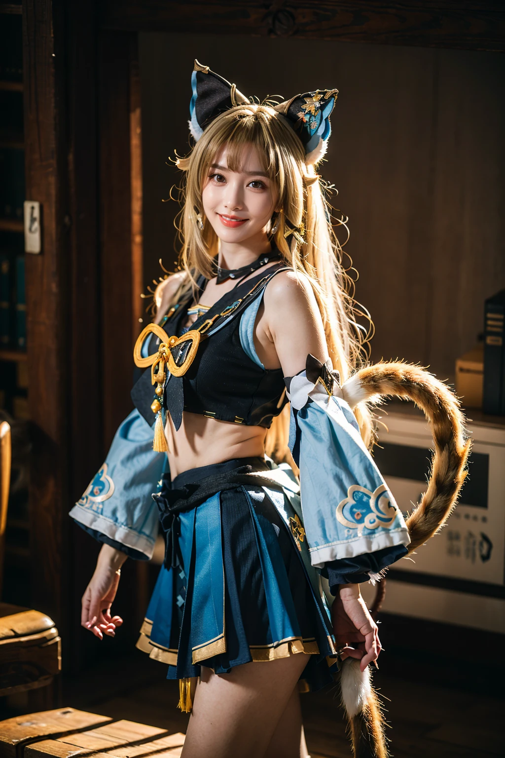 best quality, masterpiece, photorealistic, 1girl, solo, standing, cowboy shot, (looking at viewer:1.2), closed mouth, kirara cosplay costume, kirara, cosplay, blonde hair, long hair, hair ornament, sailor collar, crop top, detached sleeves, skirt, cat ears, cat tail, animal ears, <lora:genshin_Kirara_cosplay_v1:0.7>