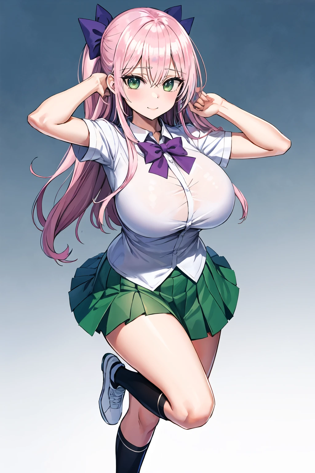 masterpiece, best quality, 1girl, solo, long hair, breasts, looking at viewer, blush, smile, bangs, skirt, large breasts, simple background, shirt, white background, bow, closed mouth, school uniform, green eyes, standing, full body, white shirt, pink hair, short sleeves, pleated skirt, shoes, socks, collared shirt, miniskirt, bowtie, huge breasts, arm up, gradient, kneehighs, gradient background, white footwear, standing on one leg, green skirt, black socks, purple bow, shirt tucked in, uwabaki, purple bowtie, tented shirt <lora:hanasaka-houcha-Style-v1_525004:1>