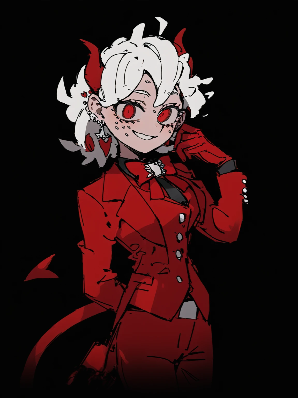 <lora:XL_Helltaker-000009:1>,Helltaker style, 1girl, horns, formal, suit, red eyes, tail, white hair, jewelry, demon tail, demon horns, demon girl, gloves, short hair, solo, business suit, earrings, transparent background, white horns, waistcoat, freckles, bow, smile, looking at viewer, red gloves, bowtie, masterpiece,best quality