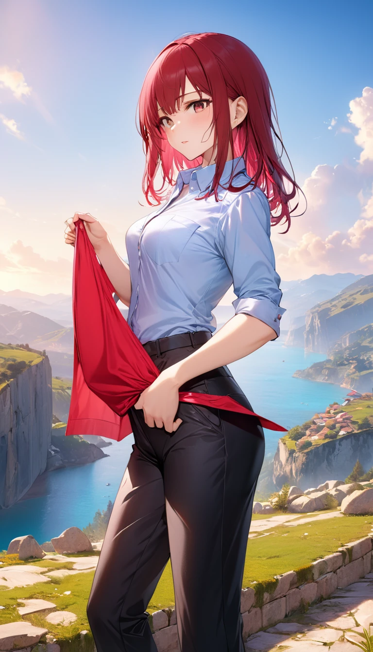 Woman, shirt, pants, undressing, vivid, epic, cinematic scene, scenery, detailed background, masterpiece, best quality, high quality, absurdres, sfw <lora:undressing:1>