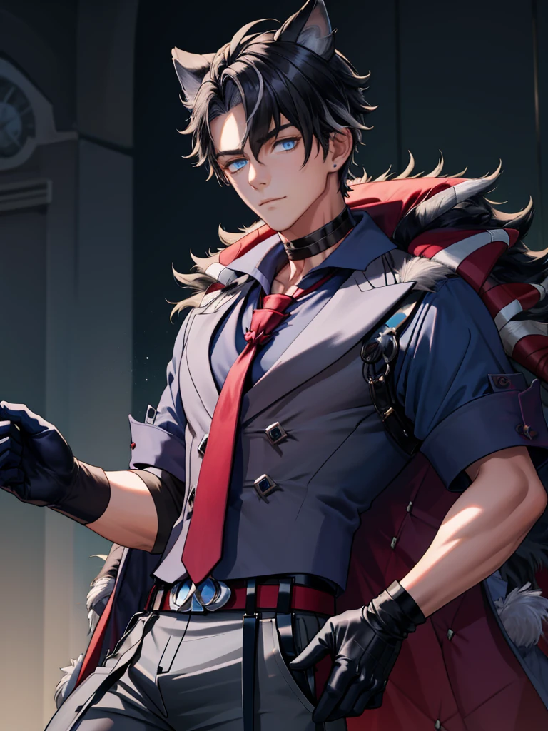 1boy,, masterpiece,best quality, <lora:Wriothesley:1>,handsome,animal ears,black hair,short hair,blue eyes,choker,red necktie,short sleeves,black gloves,shirt,coat,belt,grey pants,fur trim